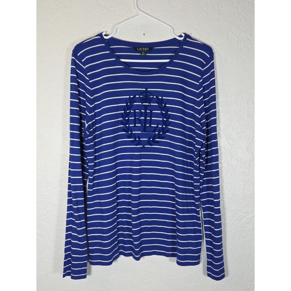 Lauren Ralph Lauren Womens Blue Striped Rhinestone Crest Long Sleeve Tee XL